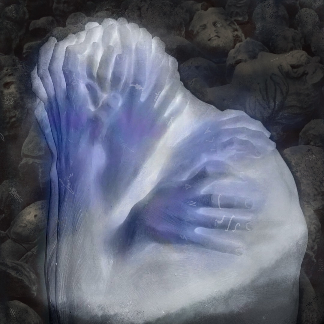 Artistic sculpture with blue glow